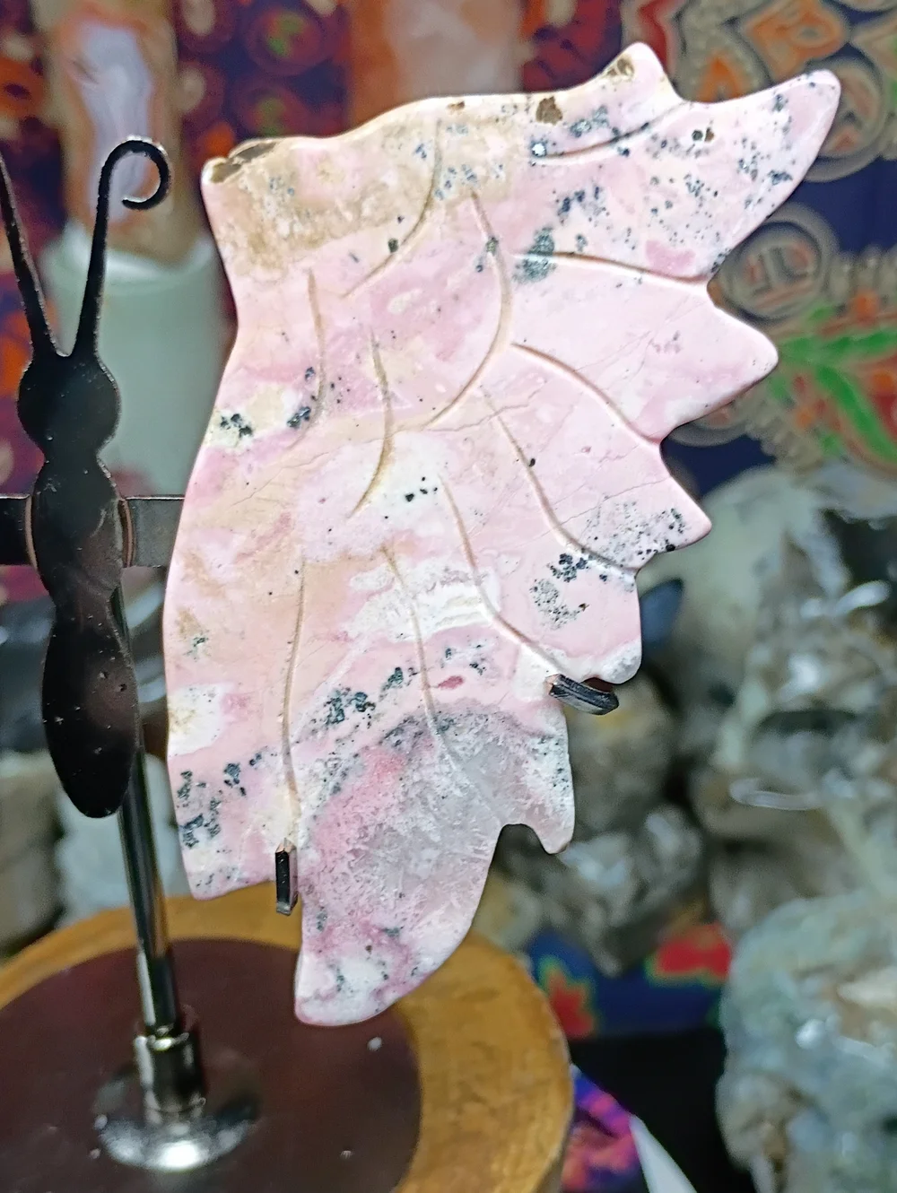 Peruvian Rhodonite Butterfly Wings Decor In Custom Stand